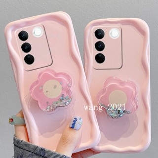 เคสโทรศัพท์มือถือ ซิลิโคนนิ่ม ป้องกันเลนส์กล้อง ลายดอกไม้ สีมาการอง แวววาว พร้อมขาตั้ง สําหรับ VIVO V27e V27 V25 Pro V23 V23e X90 X80 Pro 5G 4G 2023