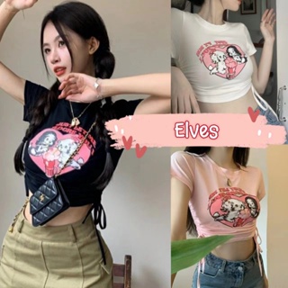 Elves✨พร้อมส่ง✨ เสื้อครอปแขนสั้น ไหมพรม คอกลม ดีเทลสายรูด 2 ข้าง ~52166~