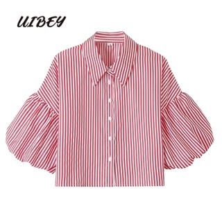 Uibey เสื้อเชิ้ตแฟชั่น คอปก ลายทาง 23131