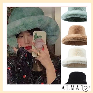 Alma หมวกบักเก็ต ขนปุยเทียม สีพื้น แฟชั่นฤดูหนาว ฤดูใบไม้ร่วง