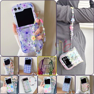 เคสโทรศัพท์มือถือ ซิลิโคนนิ่ม TPU ใส ลายดอกไม้ พร้อมสายคล้องมือ สําหรับ Samsung Galaxy Z Flip 5 Z Flip 4 Z Flip 3