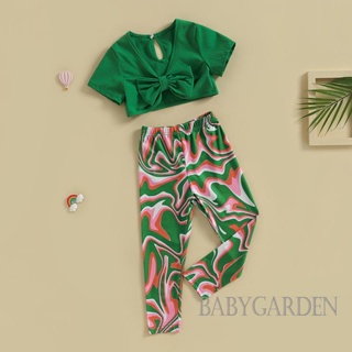 Babygarden-3-7 ปี ชุดเสื้อผ้าเด็กผู้หญิง, ลายทาง สีพื้น คอวี แขนสั้น เสื้อครอป โบว์ + กางเกงขายาว พิมพ์ลายกราฟฟิตี้