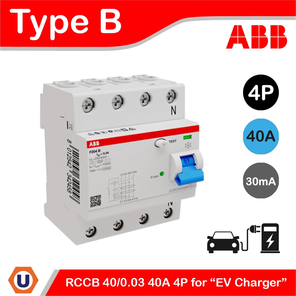 ABB F204B-40/0.03 กันดูด 4โพล 40แอมป์ Type B RCCB 40A 4P 30mA สำหรับ EV ...