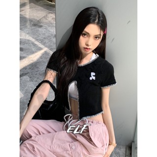 เสื้อยืดแขนสั้น ผ้าถัก ผ่าหน้า แฟชั่นฤดูร้อน สําหรับผู้หญิง