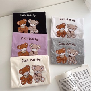 S181 เสื้อครอป ผ้าคอตตอน สไตล์มินิมอล ปัก หมี little bell boy