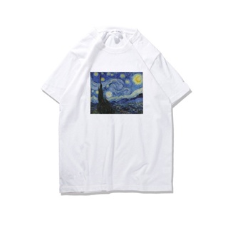 TOP CTT-shirt  เสื้อยืดแขนสั้น ผ้าฝ้ายแท้ พิมพ์ลายภาพวาด Van Gogh Starry Sky ทรงหลวม สไตล์สตรีท สําหรับนักเรียนS-5XL