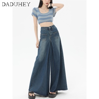 DaDuHey🎈  New Womens American Style Retro High Waist Casual Wide Leg Slim Fit Frayed Hem Bell-Bottom Trousers Fashion Mopping Jeans