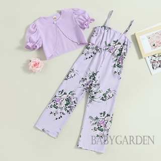 Babygarden- ชุดเสื้อผ้าเด็กผู้หญิง 3-7 ปี, ชุดเอี๊ยม ลายดอกไม้ ฤดูร้อน + ที่เอี๊ยมแขนสั้น, ชุดสองชิ้น