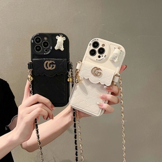 เคส case iPhone 14 Pro Max iPhone 13 12 11 Pro Max XS Max X XSโทรศัพท์หนังนิ่ม ลายหมี 3D พร้อมสายโซ่คล้องไหล่ ช่องใส่บัตร สําหรับ