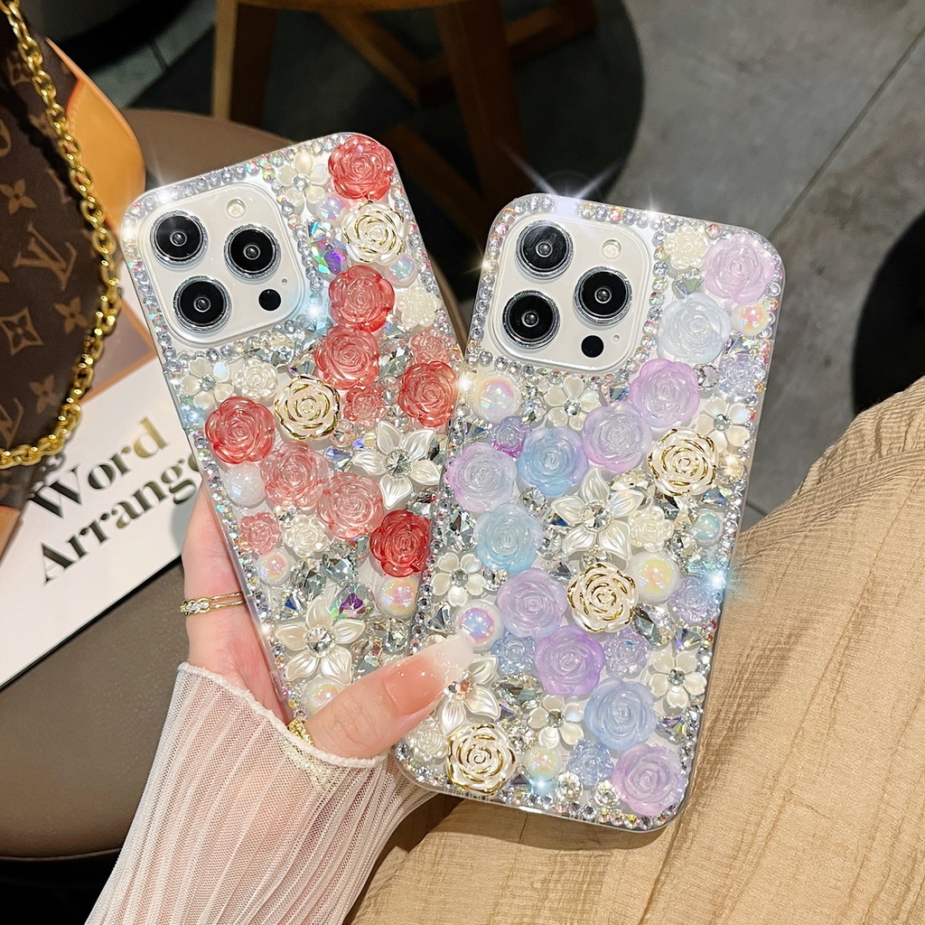 เคส-iphone-14-pro-max-13-12-11-pro-max-xs-max-13-12-โทรศัพท์มือถือ-ประดับมุก-พลอยเทียม-กลิตเตอร์-ระยิบระยับ-ลายดอกกุหลาบ-3d-หรูหรา-สําหรับ