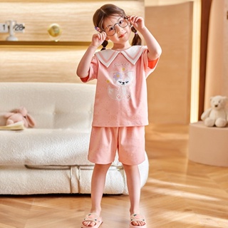 Summer new short-sleeved Linga Bell pure cotton childrens pajamas Cute cartoon childrens home clothes