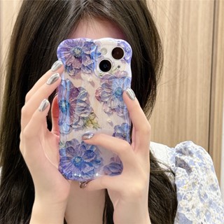 เคสโทรศัพท์มือถือ TPU กันกระแทก ลายภาพวาดสีน้ํามัน รูปดอกไม้ สีม่วง หรูหรา สําหรับ iPhone 14 13 12 11 Pro Max 13 Pro Max