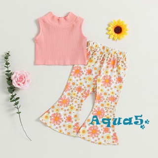 Aqq- ชุดเสื้อแขนกุด คอกลม กางเกงบาน ผ้าถัก พิมพ์ลายดอกไม้ สีพื้น แฟชั่นฤดูร้อน สําหรับเด็กผู้หญิง 2 ชิ้น