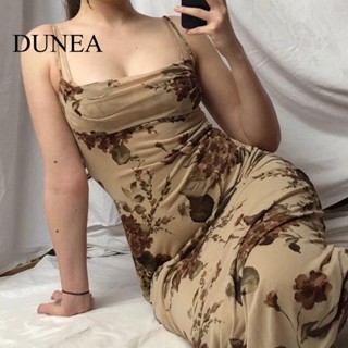 Dunea ชุดเดรสยาว เปิดหลัง พิมพ์ลายดอกกุหลาบ สง่างาม แฟชั่นฤดูร้อน สําหรับผู้หญิง