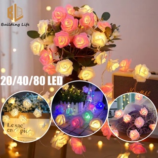 สายไฟหิ่งห้อย LED 20 40 80 ดวง รูปดอกกุหลาบ ใช้แบตเตอรี่ สไตล์โรแมนติก สําหรับตกแต่งบ้าน งานแต่งงาน ปาร์ตี้ หน้าต่าง