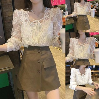 เสื้อลูกไม้ ทรงหลวม คอสี่เหลี่ยม แต่งระบาย สําหรับผู้หญิง 2 ชิ้น