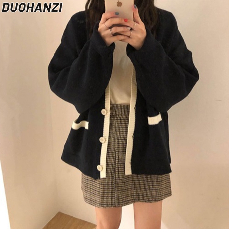 duohanzi-เสื้อกันหนาว-คาร์ดิแกน-คอวี-ผ้าถัก-ทรงหลวม-สไตล์ญี่ปุ่นย้อนยุค-สีตัดกัน-สําหรับผู้หญิง
