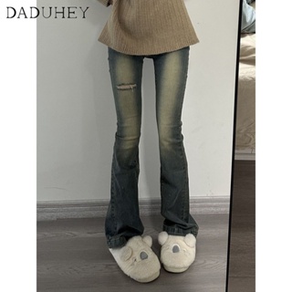 DaDuHey🎈 Women New Korean Style Ins High Waist Retro Washed Jeans High Waist Slim Flared Pants Ripped Pants