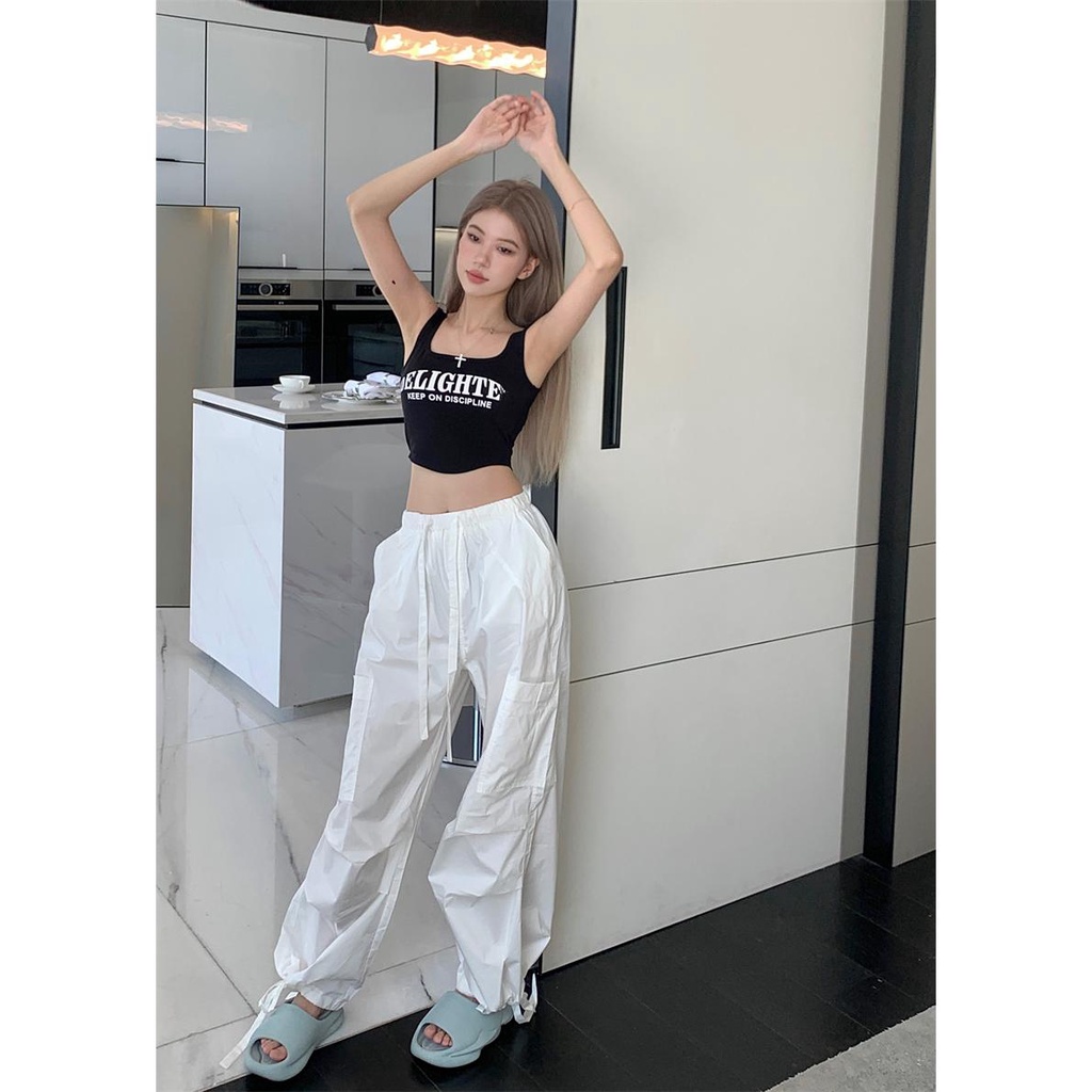 ชุดเสื้อแขนกุด-และกางเกงขายาวลําลอง-พิมพ์ลายตัวอักษร-แฟชั่นฤดูร้อน-สไตล์อเมริกัน-สําหรับสตรี