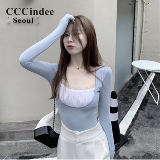 Cccindee เสื้อยืดแขนยาว คอสี่เหลี่ยม เข้ารูป แต่งลูกไม้ เซ็กซี่ เข้ากับทุกการแต่งกาย แฟชั่นสําหรับสตรี 2023