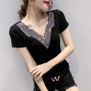 [Fashion Recommendation] เสื้อท็อปแขนสั้น ผ้าฝ้ายแท้ ประดับเพชร ทรงสลิมฟิต แฟชั่นฤดูร้อน สําหรับผู้หญิง