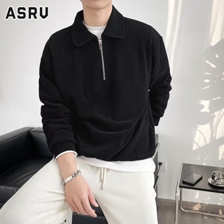 ASRV เสื้อสเวตเตอร์มีซิปสไตล์เกาหลีผู้ชายพับคอปกสไตล์เกาหลีอินเทรนด์สบายๆแขนยาวสีทึบ