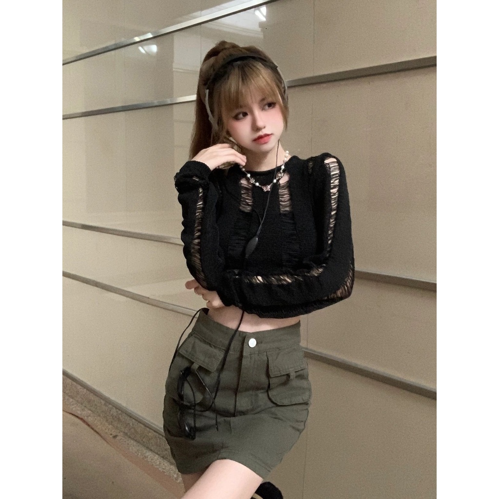เสื้อจัมเปอร์แขนยาว-ผ้าเรยอน-ทรงหลวม-สุดเซ็กซี่-โชว์สะดือ-สําหรับผู้หญิง