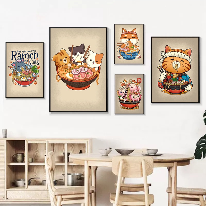 โปสเตอร์ภาพวาดผ้าใบ-รูปการ์ตูนแมวราเมง-สไตล์ญี่ปุ่น-สําหรับตกแต่งผนังบ้าน