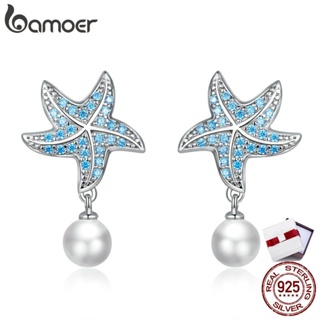 Bamoer Genuine 925 Sterling Silver Ocean Blue Starfish with Pearl Stud Earrings for Women Engagement Statement Jewelry BSE405
