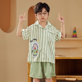 Summer new short-sleeved silk childrens pajamas Cute cartoon Buzz Lightyear childrens home clothes
