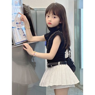 ชุดกระโปรงพลีท เอวสูง ป้องกันการสัมผัส สีขาว แฟชั่นฤดูร้อน สําหรับเด็กผู้หญิง