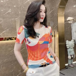 Miyake เสื้อยืดแขนสั้น จับจีบ พิมพ์ลายแอปสแตรกท์ เข้ากับทุกการแต่งกาย แฟชั่นฤดูร้อน สําหรับผู้หญิง 2023