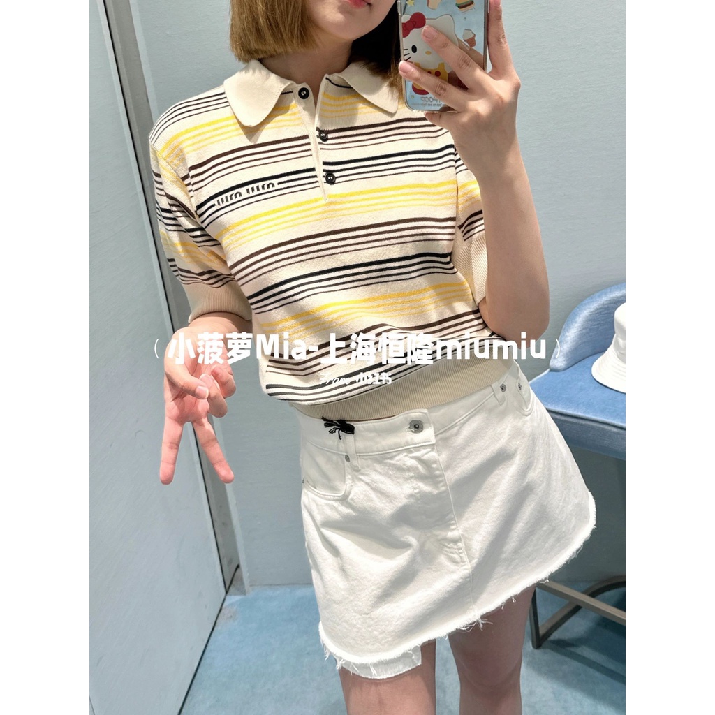 uc51-miu-miu-2023-spring-and-summer-new-contrast-color-design-striped-polo-collar-top-womens-short-sleeved-knitwear-fashion-all-match-women