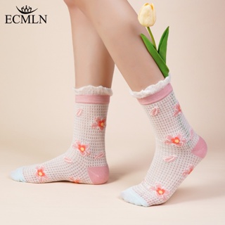 Ecmln ถุงเท้าตาข่าย ระบายอากาศ ลายดอกไม้ ดอกทิวลิปน่ารัก สามมิติ สไตล์ญี่ปุ่น สําหรับผู้หญิง