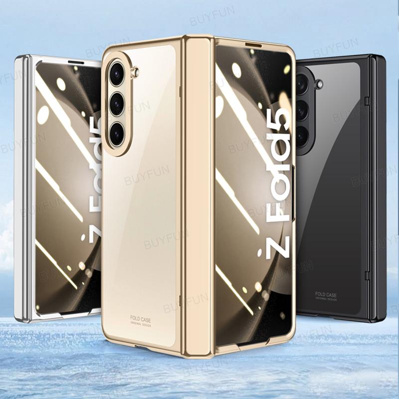 for-galaxy-z-fold5-fold-5-zfold5-5g-case-plating-hard-hinge-shell-shockproof-clear-cover-with-tempered-glass