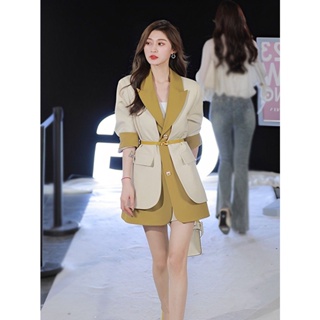 Korean fake two suit jackets female Spring and Autumn style designer sense of minority splicing high sense fried street medium-and long-style suit