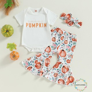 Babyclothes- ชุดรอมเปอร์แขนสั้น พิมพ์ลายฟักทอง และกางเกงขาบาน พร้อมที่คาดผม แฟชั่นฤดูร้อน สําหรับเด็กผู้หญิง