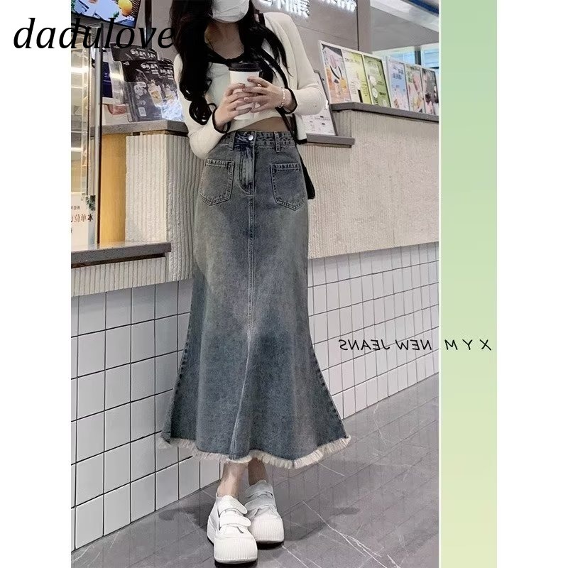 dadulove-new-american-ins-high-street-retro-raw-edge-denim-skirt-niche-high-waist-a-line-skirt-bag-hip-skirt