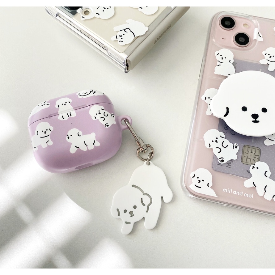 mill-and-moi-puppy-pattern-case-compatible-for-airpods-1-2-3-pro-keyring-option-purple-bichon-white