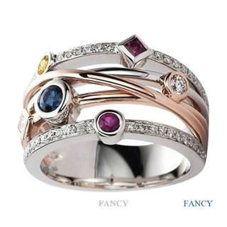 Fancy แหวนเพชร พลอย ทรงเรขาคณิต สีเงิน แวววาว เต็มรูปแบบ หลากสี สําหรับผู้หญิง