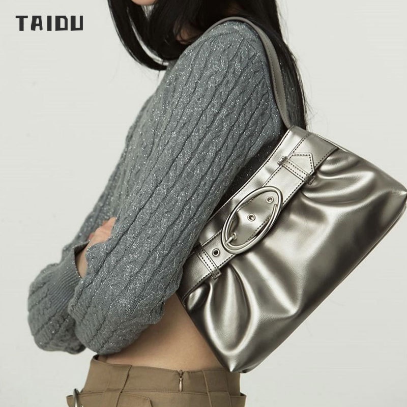 taidu-y2k-กระเป๋าสะพายใต้วงแขนผู้หญิง-สไตล์ร้อนแรง-บุคลิกภาพที่ตรงกันทั้งหมด-กระเป๋าพร็อพหัวเข็มขัดหนังยับ