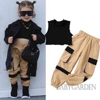 Babygarden-2-7 ปี ชุดเสื้อผ้าเด็กผู้หญิง ฤดูร้อน, เสื้อกล้ามถักยางแขนกุด + กางเกงคาร์โก้