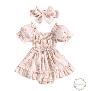 Babyclothes- ชุดรอมเปอร์ แขนพัฟ เปิดไหล่ พิมพ์ลายดอกไม้ พร้อมที่คาดผม ประดับโบว์ สําหรับเด็กผู้หญิง