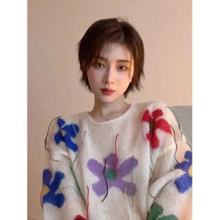 cardigan🤍เสื้อสเวตเตอร์พิมพ์ลาย คอกลม เสื้อสวมหัว ผ้าถักทรงหลวม