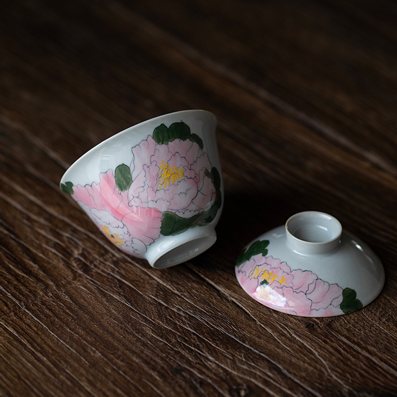huayun-ชุดถ้วยชาเซรามิค-พร้อมฝาปิด-ลายดอกไม้-ดอกโบตั๋น-สีเขียว-สไตล์เรโทร-สําหรับชงชากังฟู