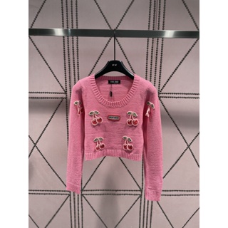 FBHP MIU MIU 2023 embroidered square label letter Cherry beaded decorative short knitted long sleeve top