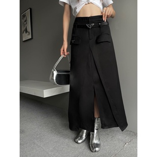 F9BL PRA * A 2023 spring and summer new letter triangle label belt slimming fashion all-match black skirt womens high waist skirt