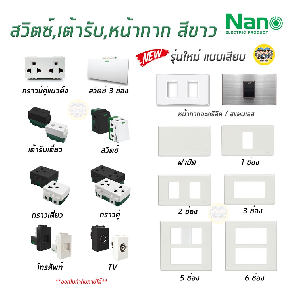 ภาพหน้าปกสินค้าNANO สวิตซ์ เต้ารับ รุ่นใหม่แบบเสียบ หน้ากาก ฝาครอบ สีขาว ปลั๊ก แลน lan เต้ารับทีวี ปลั๊กกราวน์ ปลั๊กกราว สวิท สวิทซ์ จากร้าน pceshops บน Shopee