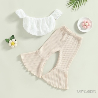 Babygarden- ชุดเสื้อยืด เปิดไหล่ แต่งลูกไม้ และกางเกงขาบาน ยืดหยุ่น สีพื้น แฟชั่นฤดูร้อน สําหรับเด็กผู้หญิง อายุ 1-5 ปี