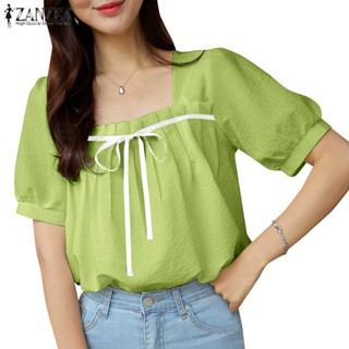Celmia ZANZEA เสื้อเชิ้ตแขนสั้น คอสี่เหลี่ยม จับจีบ หรูหรา แฟชั่นฤดูร้อน สําหรับผู้หญิง